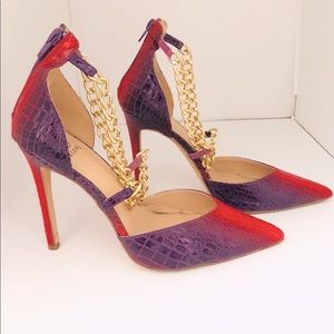 Size 8 Red Purple Alligator Pattern Chain Heels. The soles have black marks/wear